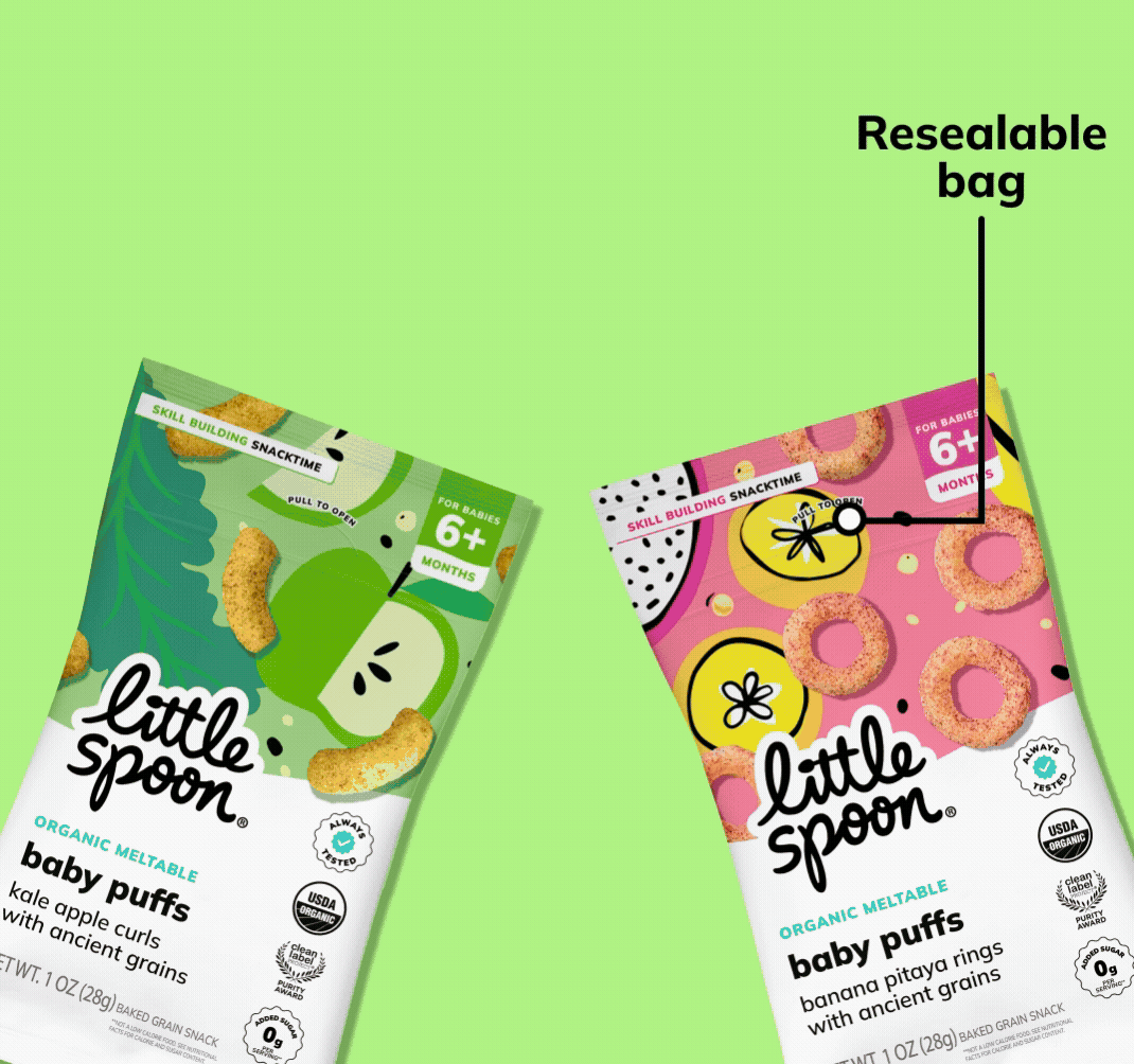 An animated GIF of two Puffs bags - Organic Kale Apple curls and Organic Banana Pitaya Rings with the Puffs spilling out. Key features are written on screen, highlighting the resealable bag, 2 unique shapes, quick dissolve, rice free, seed free, and top 9 allergen free.
