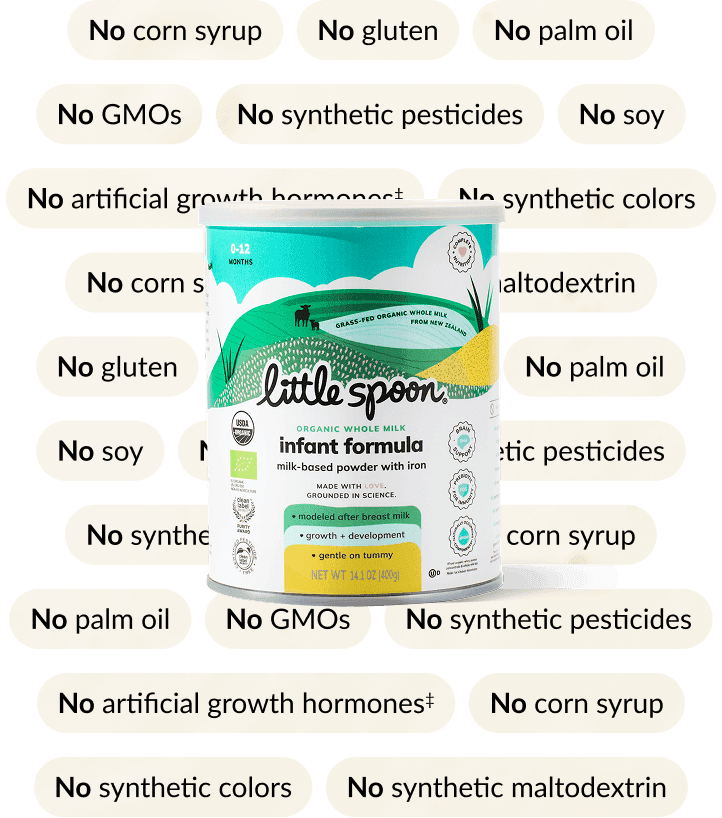 Little Spoon organic whole milk infant formula can on a green background with callouts noting no corn syrup, no palm oil, no soy, no GMOs, and no synthetic ingredients.